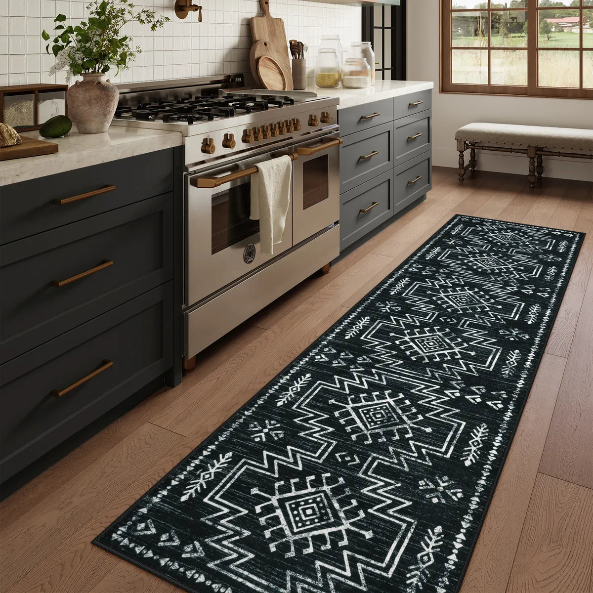 Vivienne Washable Aztec Moroccan Distressed Black Rug