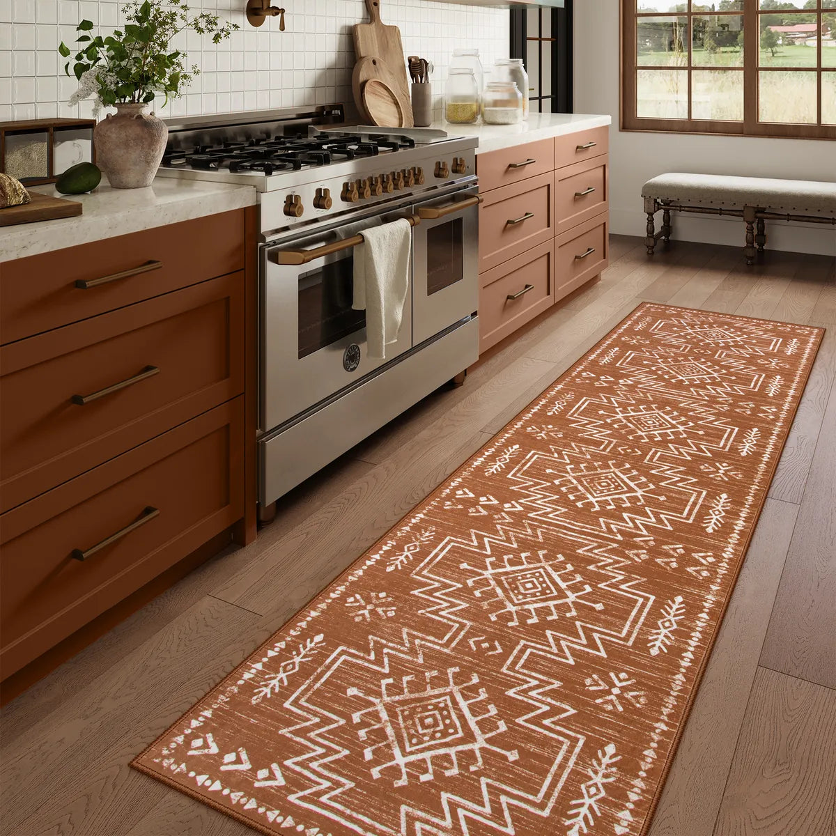 Vivienne Washable Aztec Moroccan Distressed Orange Rug