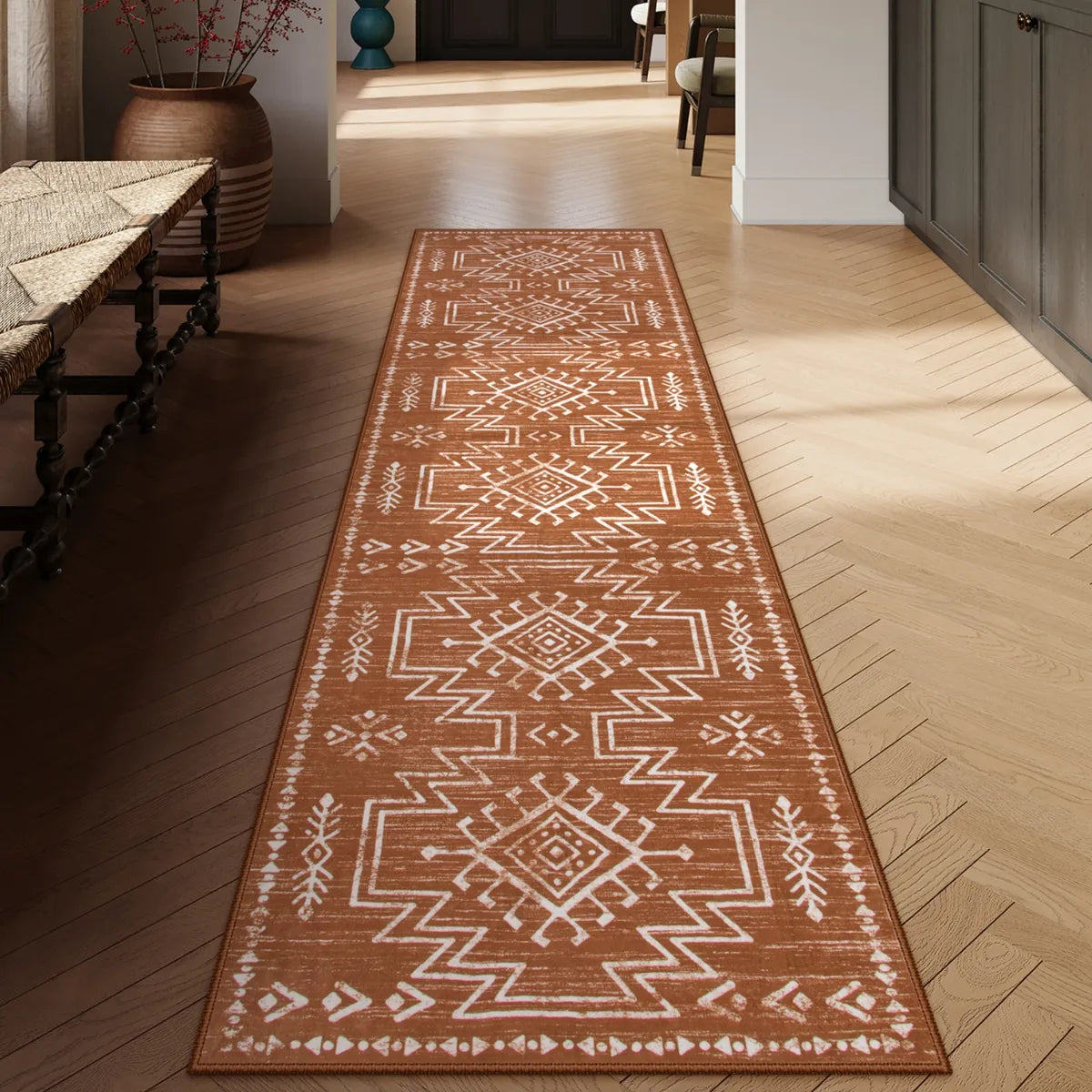 Vivienne Washable Aztec Moroccan Distressed Orange Rug