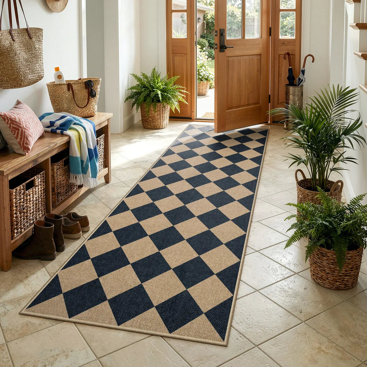 Coline Washable Geometric Checkered Easy Jute Black Indoor/Outdoor Runner Rug