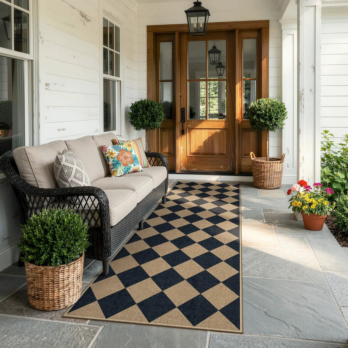 Coline Washable Geometric Checkered Easy Jute Black Indoor/Outdoor Runner Rug