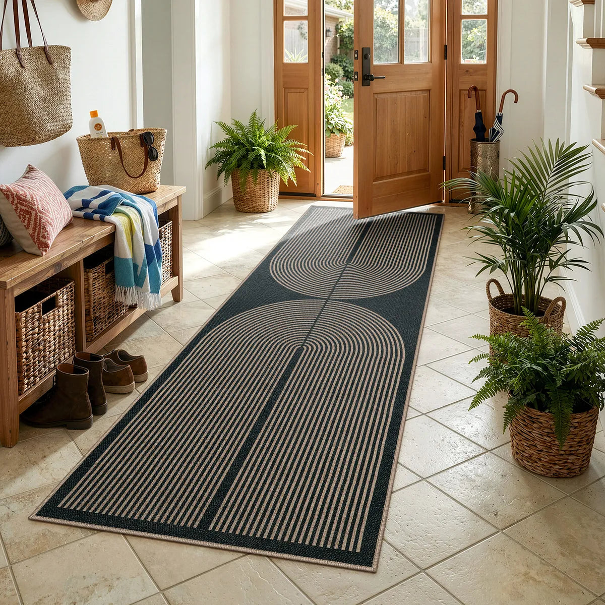 Enfys Washable Modern Rainbow Easy Jute Black/Grey Indoor/Outdoor Rug