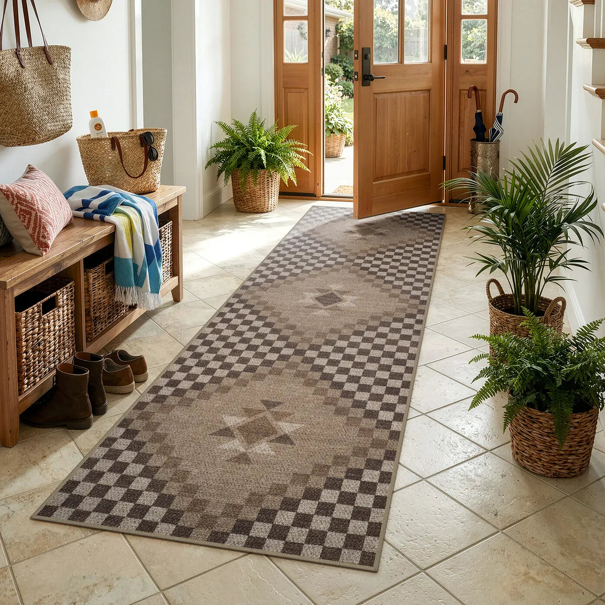 Lunette Washable Tribal Soft Easy Jute Tan Indoor/Outdoor Runner Rug