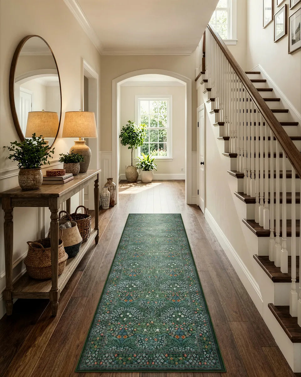 Giverny Washable Maximalism Vintage French Floral Dark Green Rug