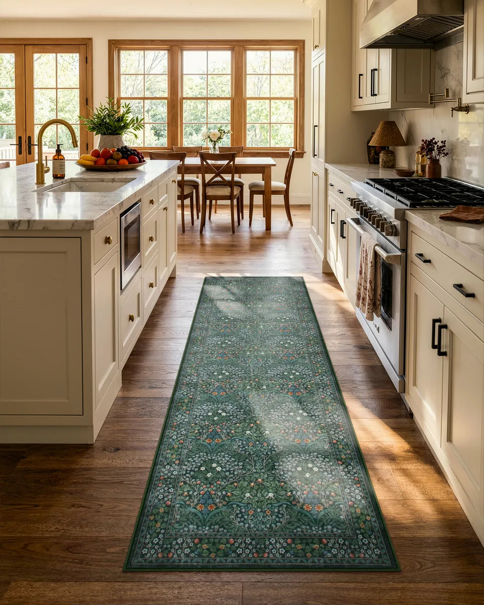 Giverny Washable Maximalism Vintage French Floral Dark Green Rug