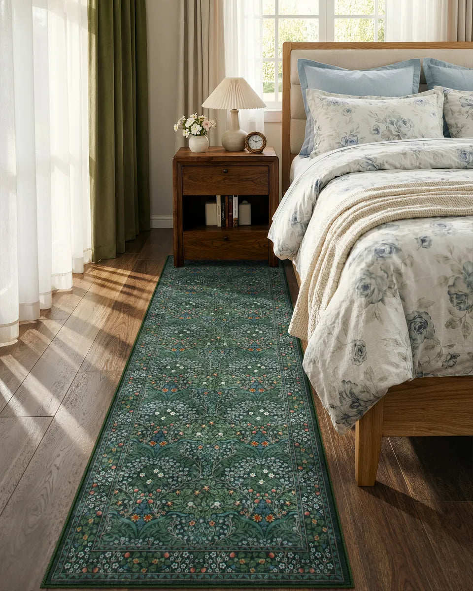 Giverny Washable Maximalism Vintage French Floral Dark Green Rug