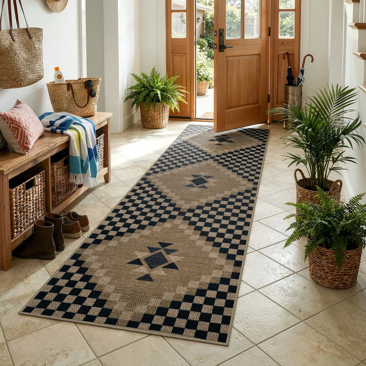 Lunette Washable Tribal Soft Easy Jute Black Indoor/Outdoor Runner Rug