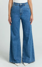 Therese Jeans - High Waist Wide Leg Flare Recycled Denim Jeans in Dark Blue Wash