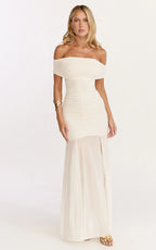 Alanna Maxi Dress - Off Shoulder Ruched Mesh Dress in Cream