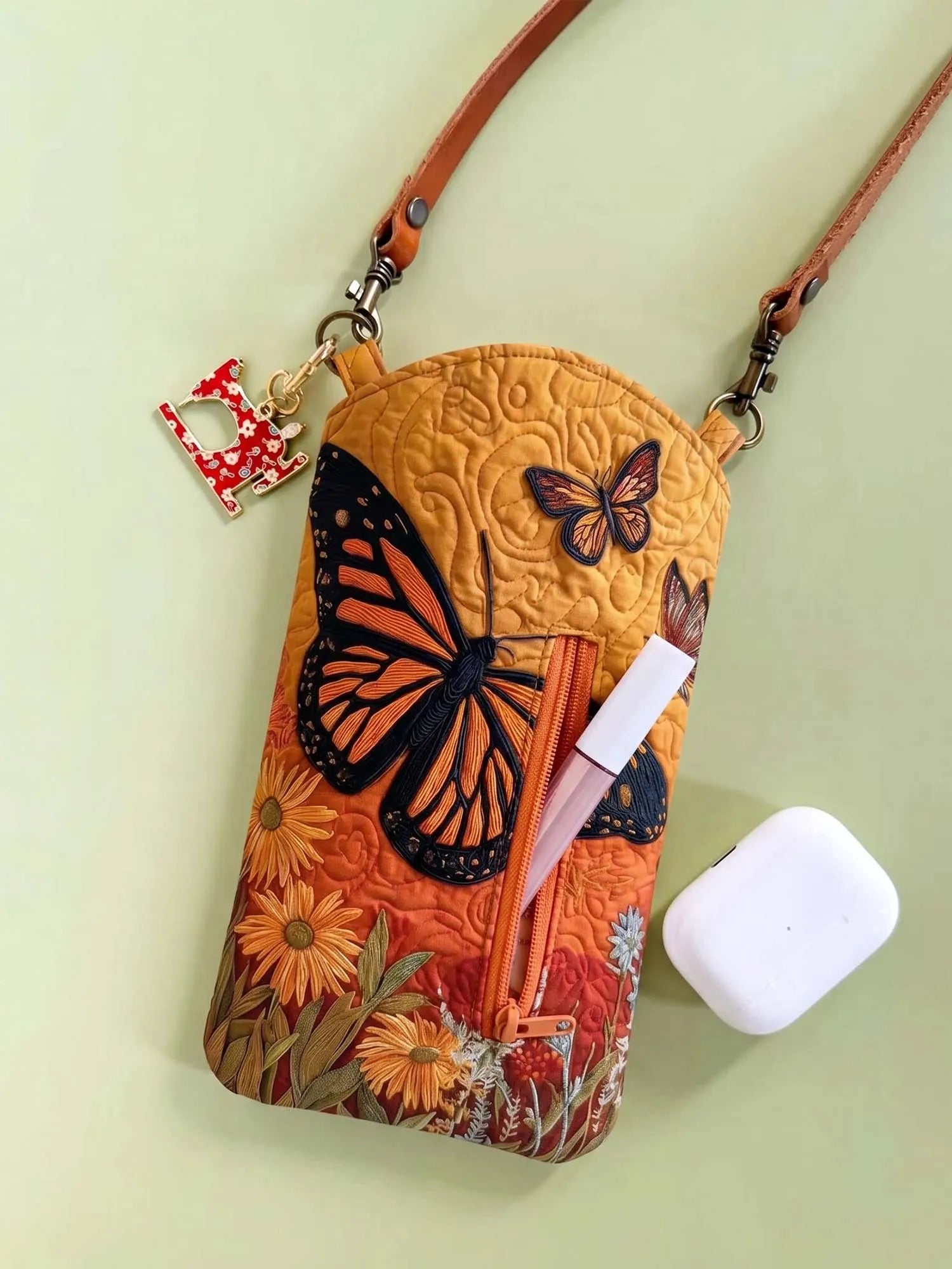 Monarch Butterfly Wildflower Quilted Slim Phone Crossbody Bag