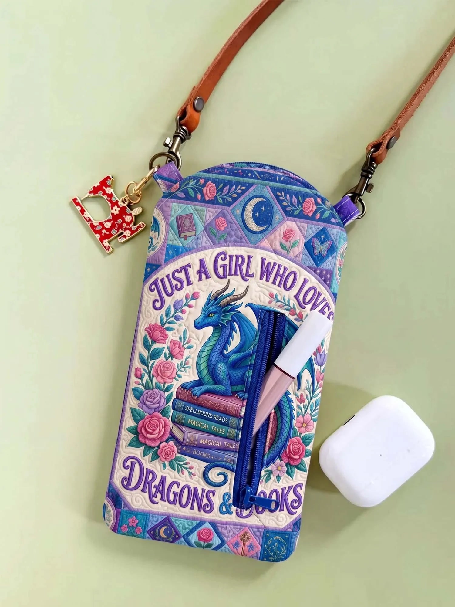 Dragon & Book Lover Quilted Slim Phone Crossbody Bag