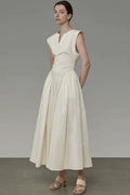 Classy V Neck Ruffle Detail Pocket Trim Sleeveless Maxi Dress - Apricot