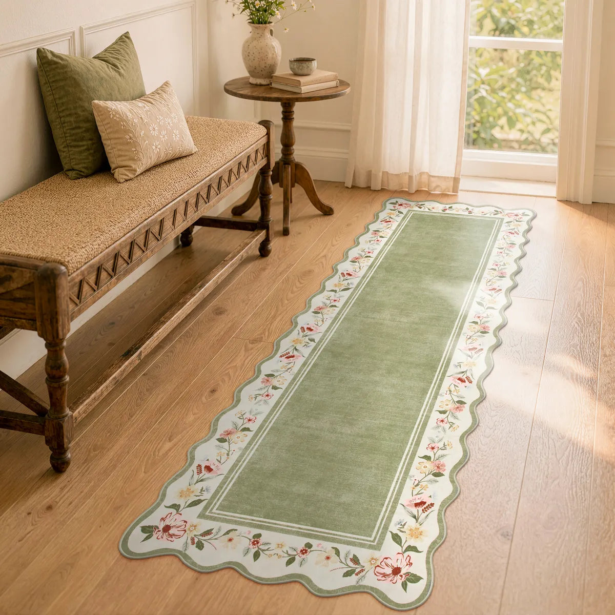 Ariele Washable Vintage Floral Scalloped Sage Green Rug