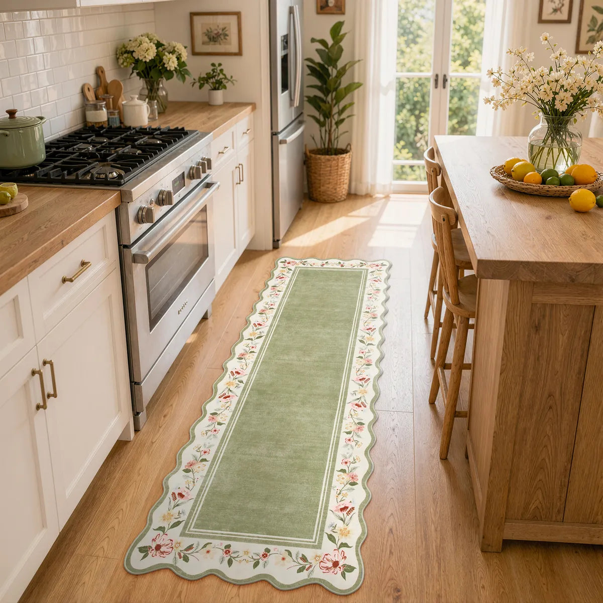 Ariele Washable Vintage Floral Scalloped Sage Green Rug