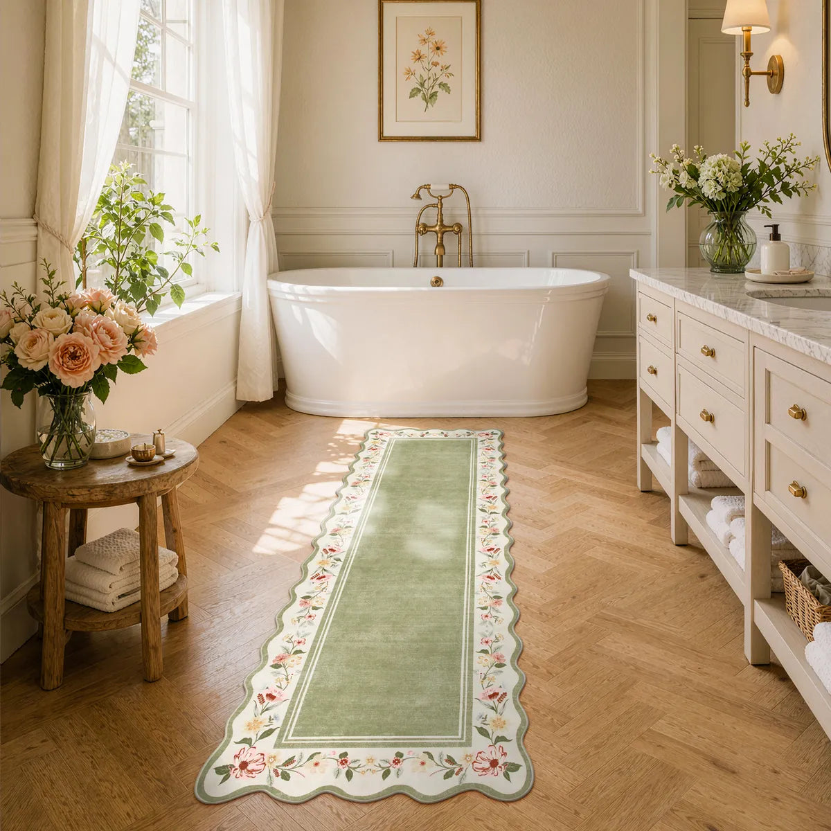 Ariele Washable Vintage Floral Scalloped Sage Green Rug
