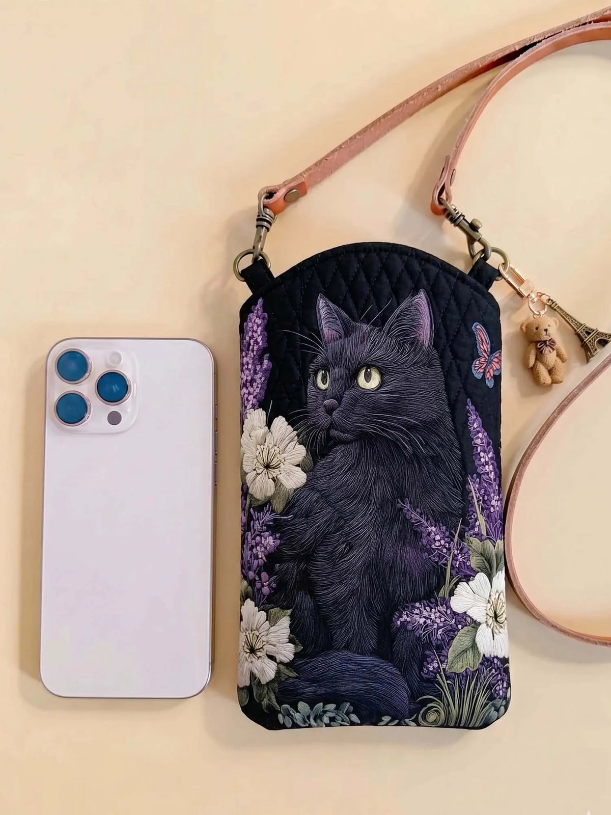 Cute Cat Quilted Slim Phone Crossbody Bag