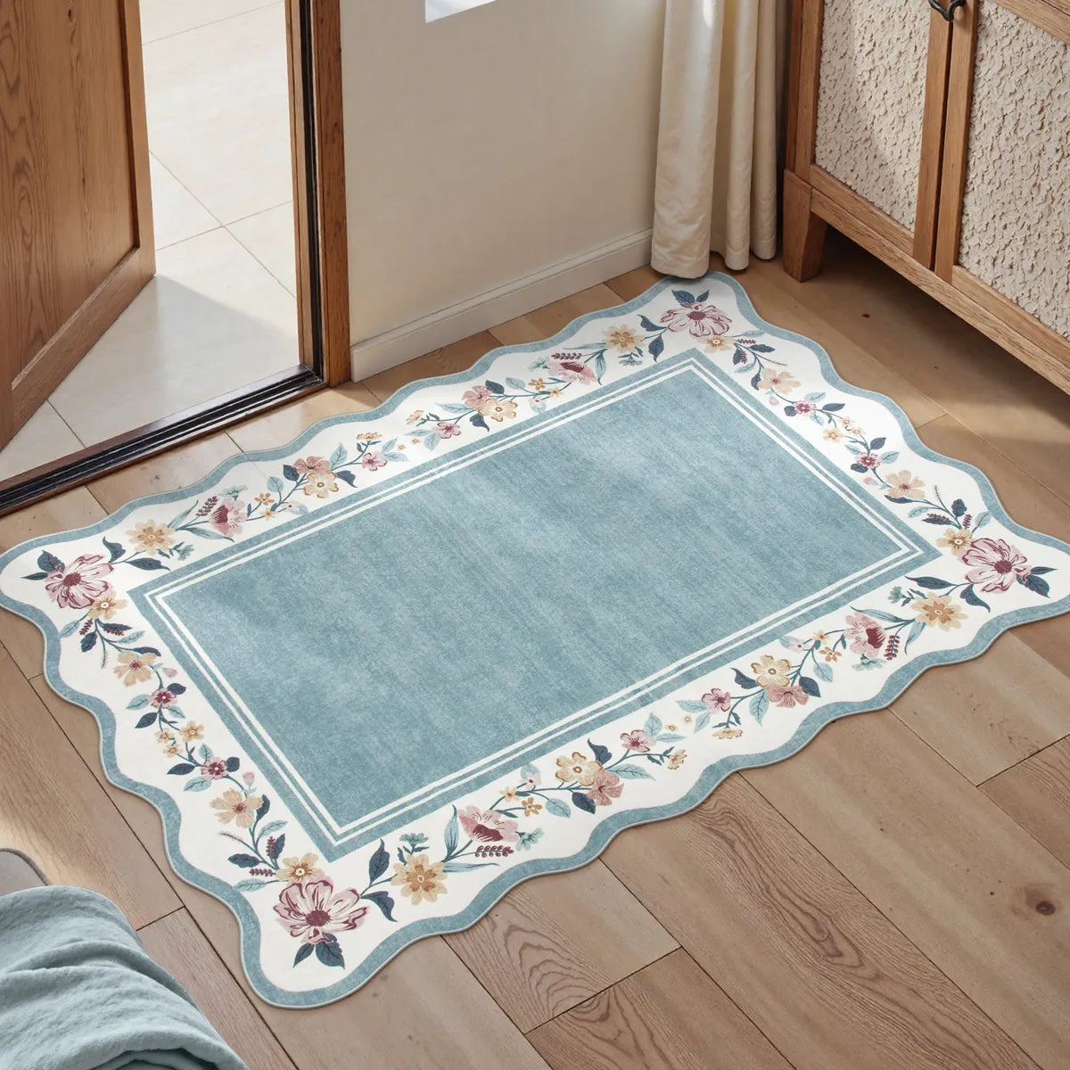 Ariele Washable Vintage Floral Scalloped Dusty Blue Rug