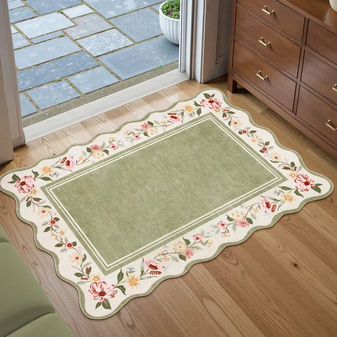 Ariele Washable Vintage Floral Scalloped Sage Green Rug