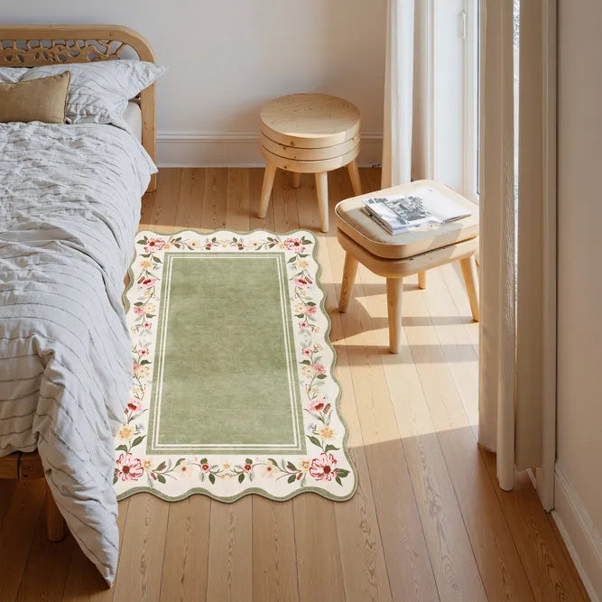 Ariele Washable Vintage Floral Scalloped Sage Green Rug