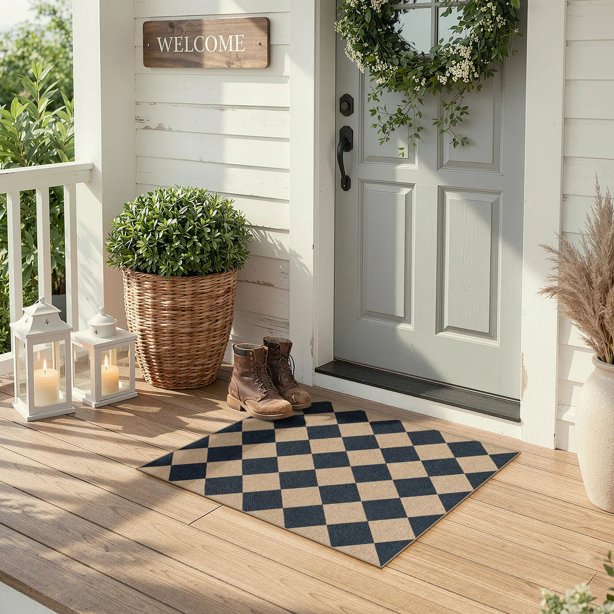 Coline Washable Geometric Checkered Easy Jute Black Indoor/Outdoor Runner Rug