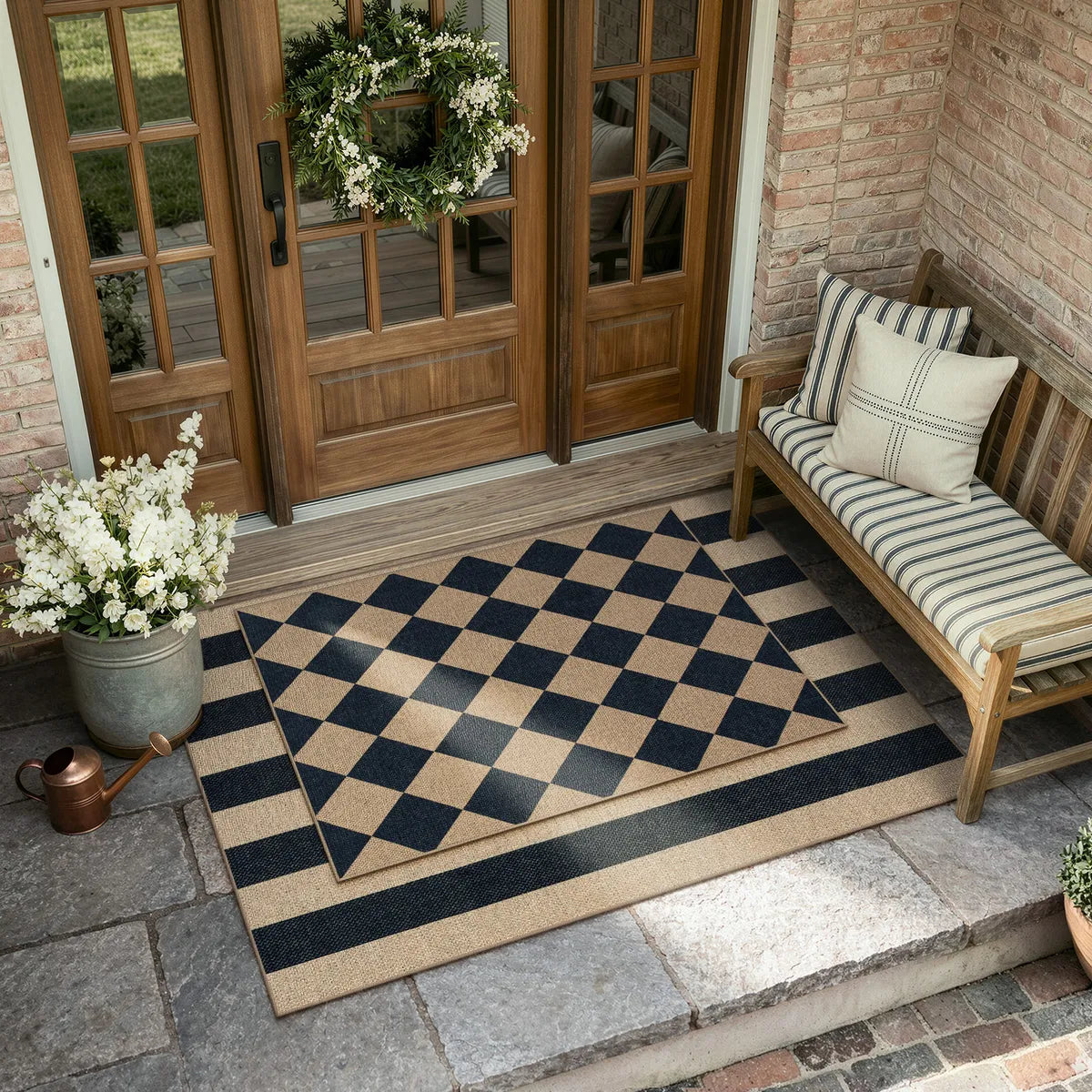 Coline Washable Geometric Checkered Easy Jute Black Indoor/Outdoor Runner Rug