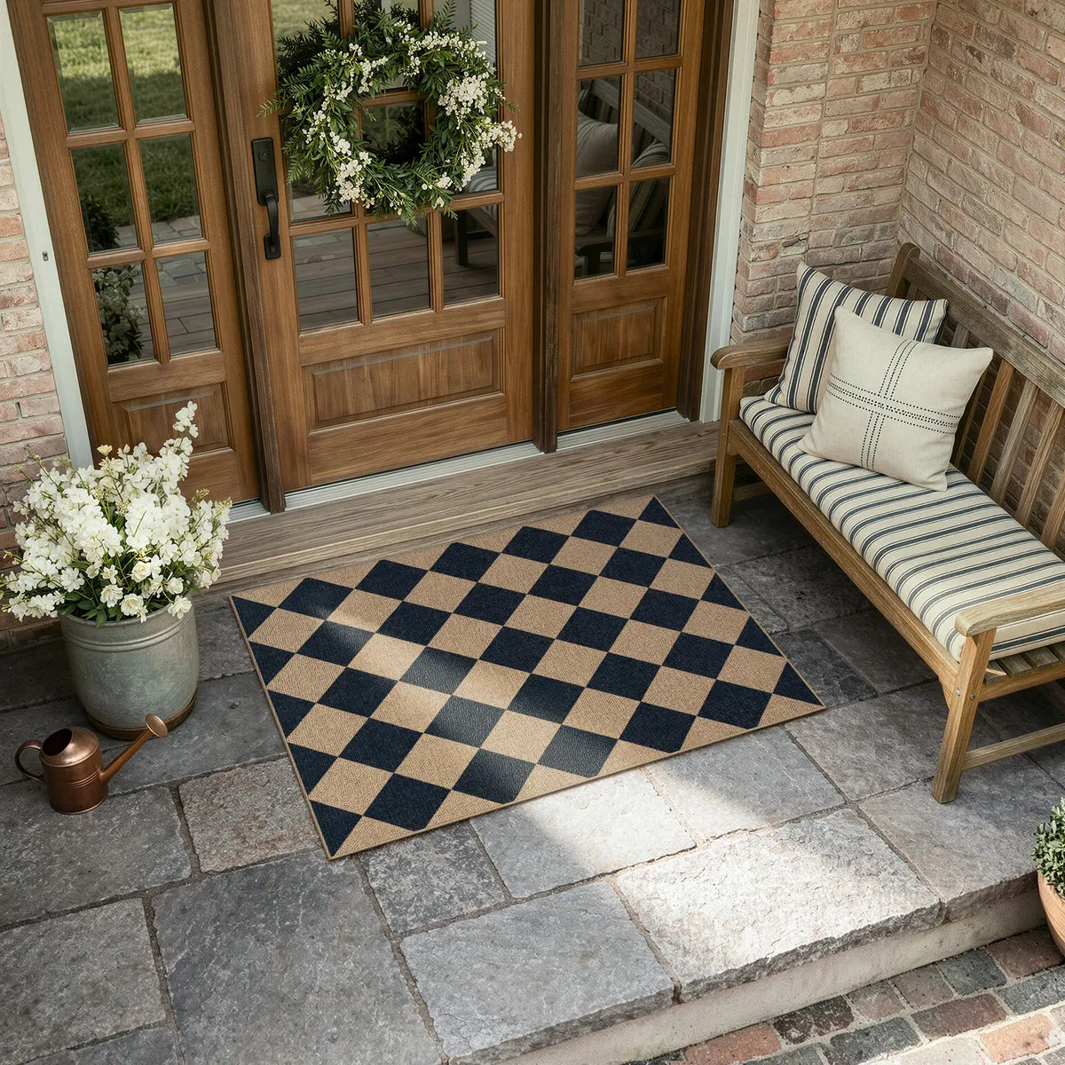 Coline Washable Geometric Checkered Easy Jute Black Indoor/Outdoor Runner Rug