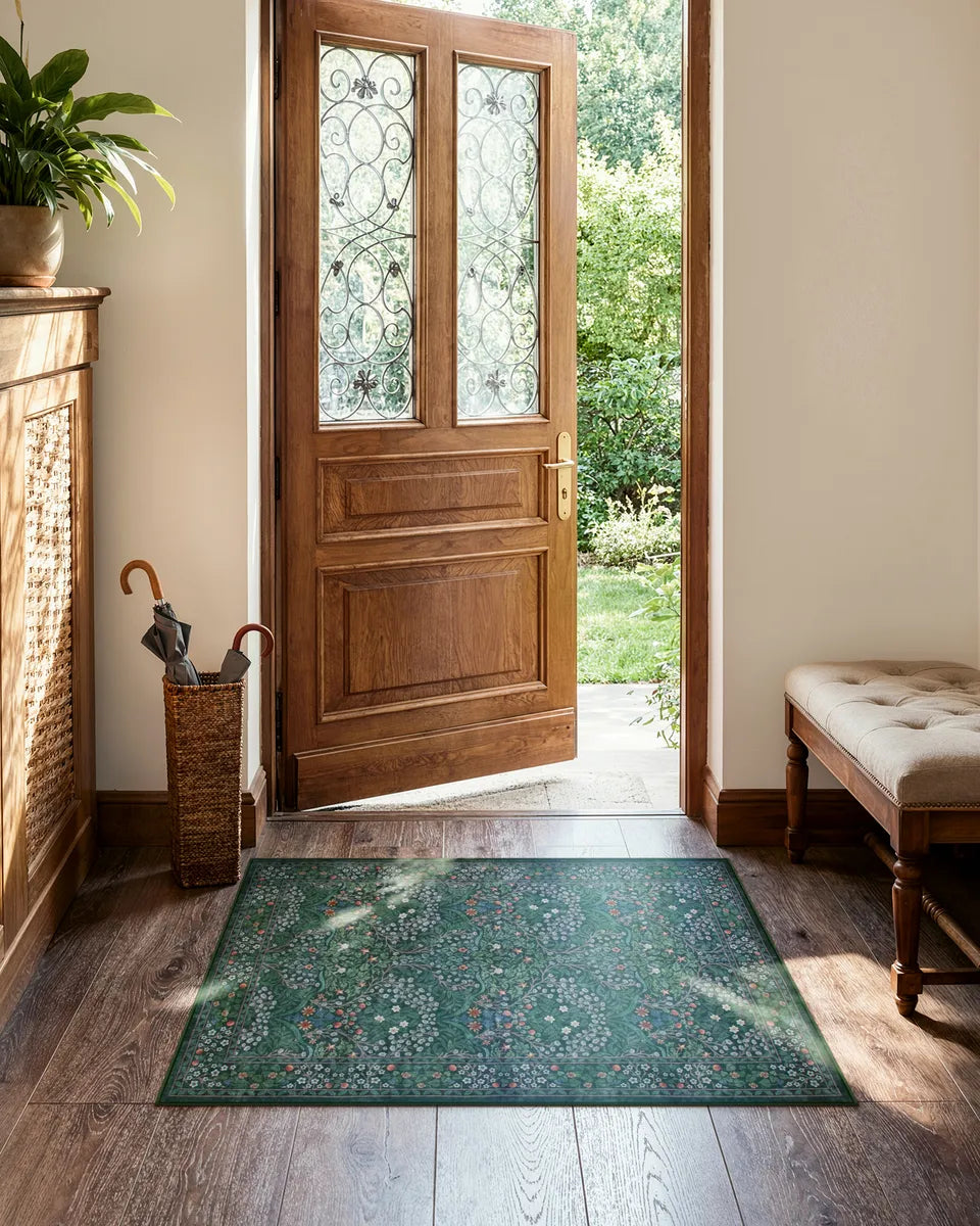 Giverny Washable Maximalism Vintage French Floral Dark Green Rug