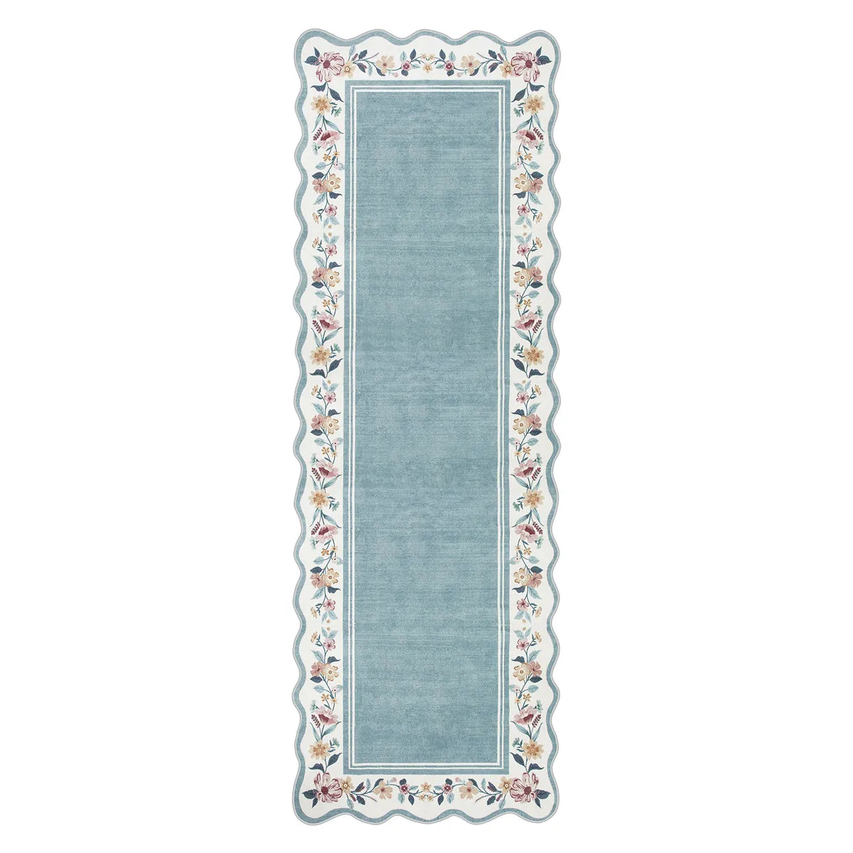 Ariele Washable Vintage Floral Scalloped Dusty Blue Rug