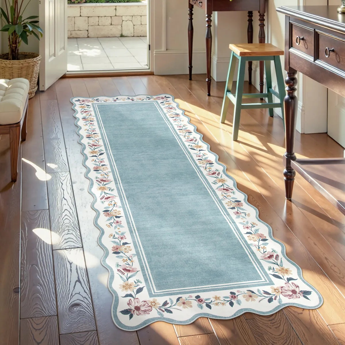 Ariele Washable Vintage Floral Scalloped Dusty Blue Rug