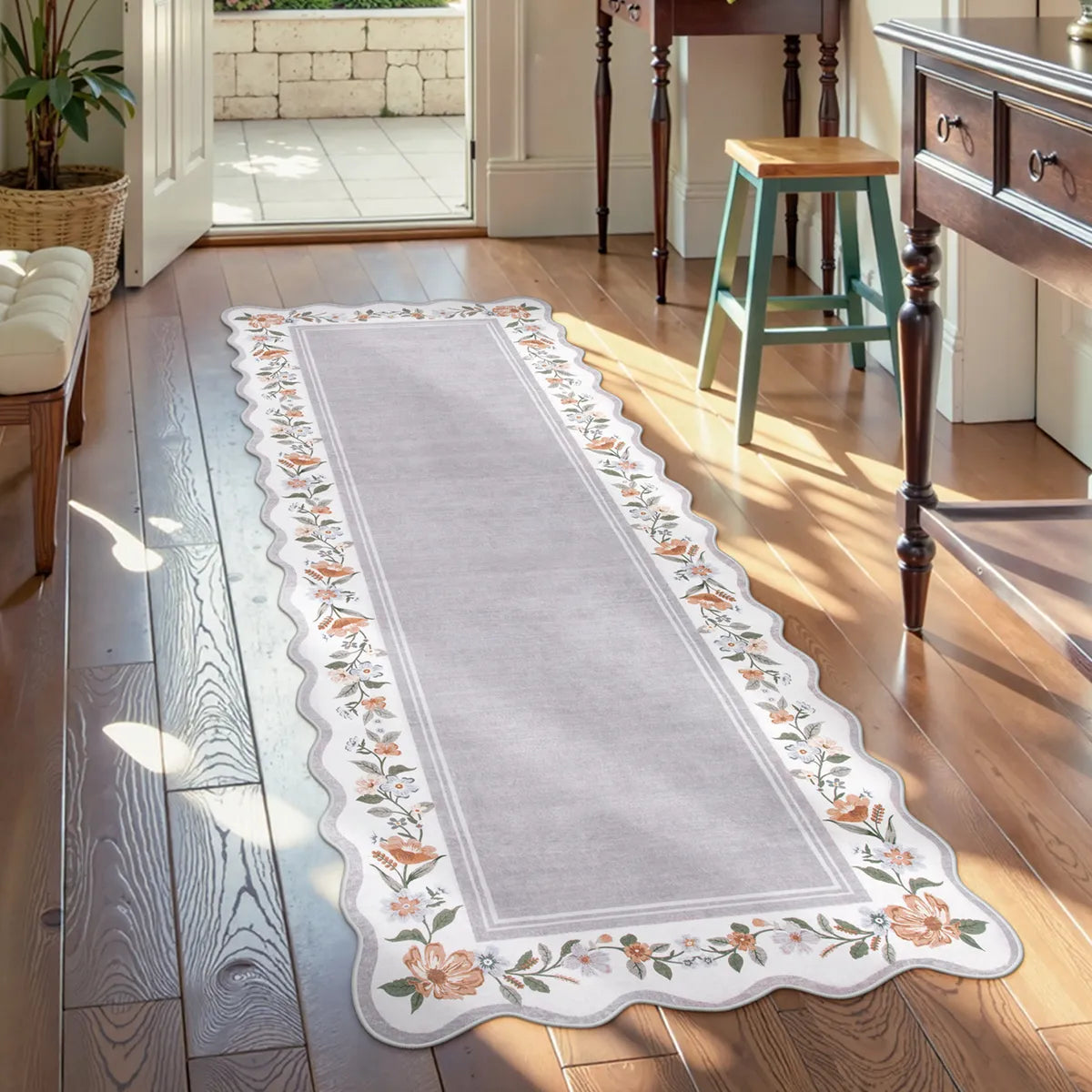 Ariele Washable Vintage Floral Scalloped Gray Purple Rug