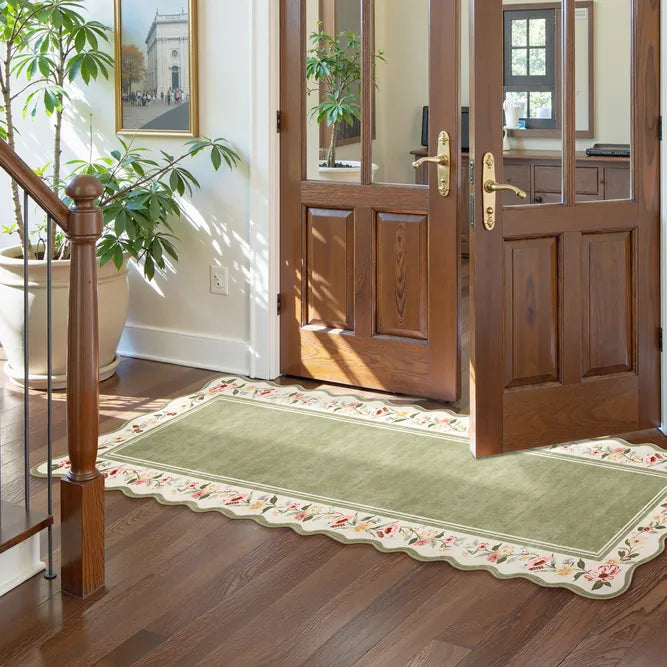 Ariele Washable Vintage Floral Scalloped Sage Green Rug