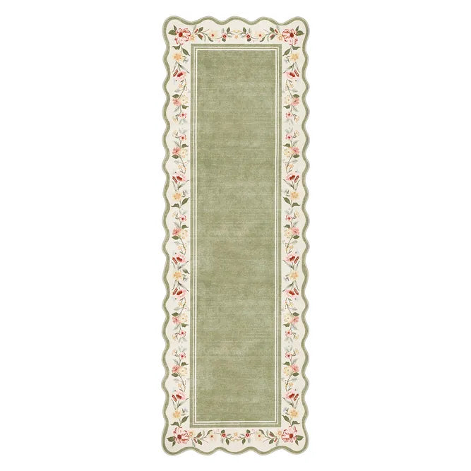 Ariele Washable Vintage Floral Scalloped Sage Green Rug