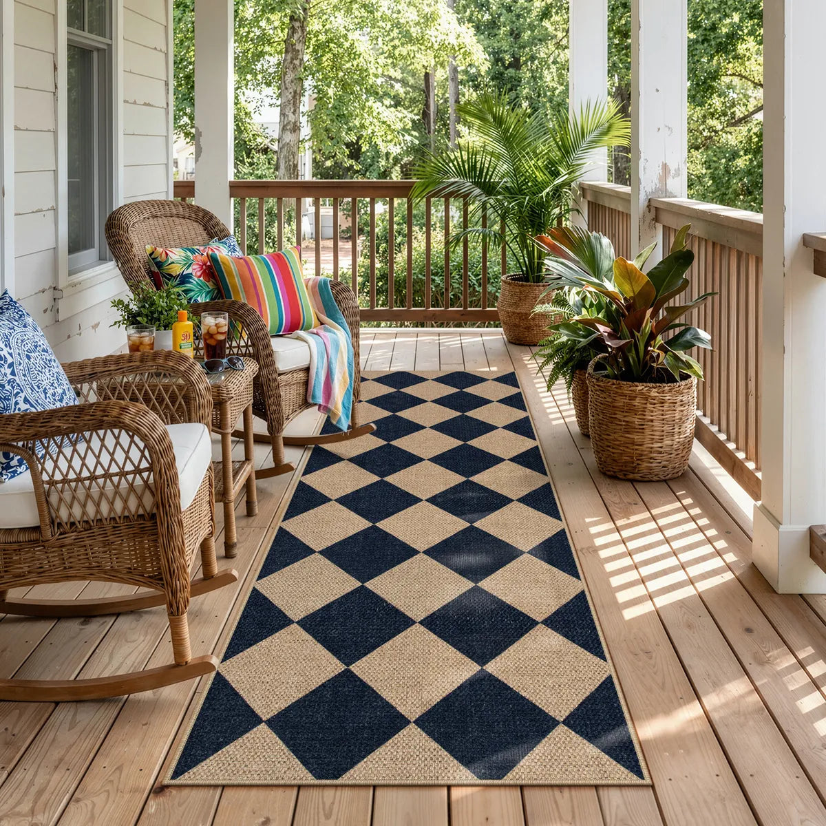 Coline Washable Geometric Checkered Easy Jute Black Indoor/Outdoor Runner Rug