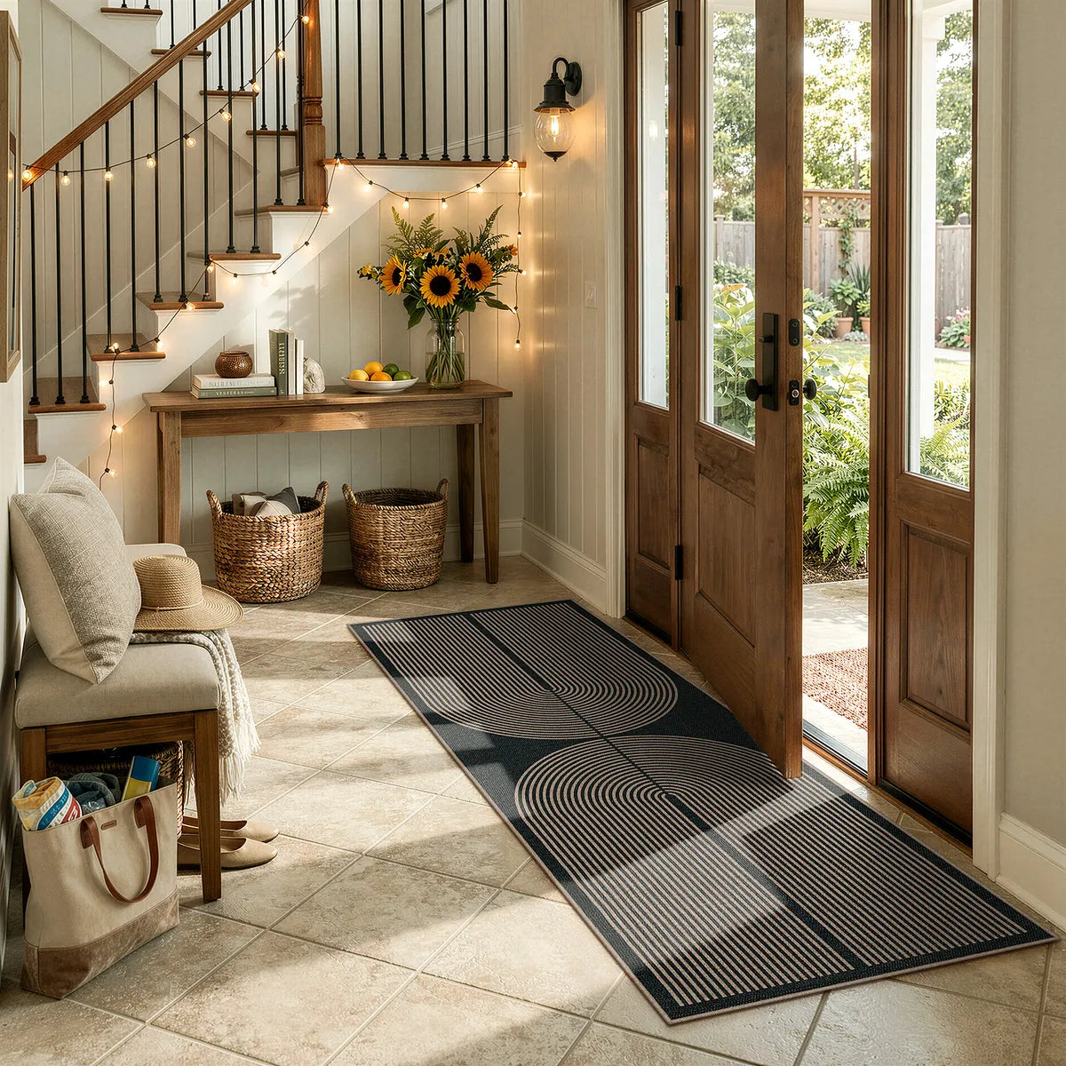 Enfys Washable Modern Rainbow Easy Jute Black/Grey Indoor/Outdoor Rug
