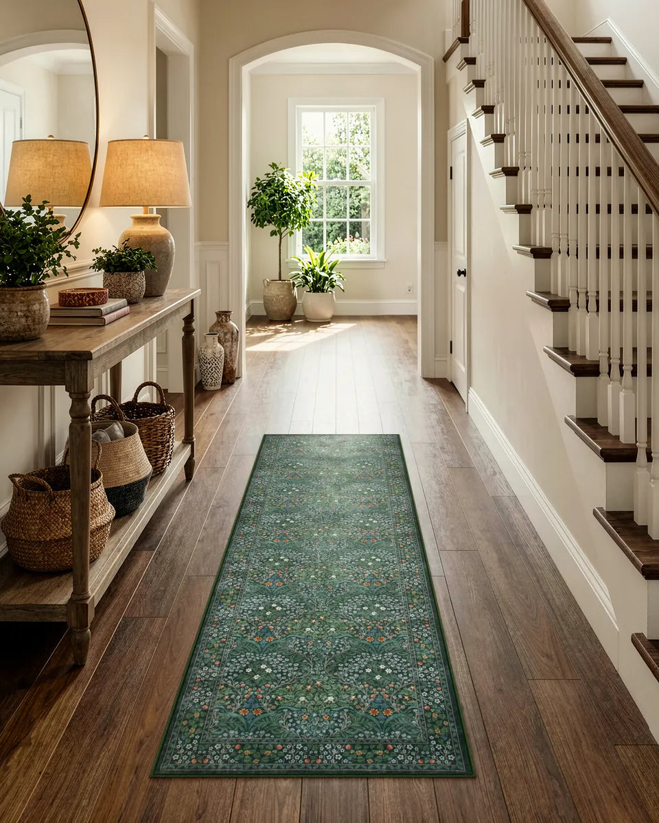 Giverny Washable Maximalism Vintage French Floral Dark Green Rug