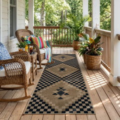 Lunette Washable Tribal Soft Easy Jute Black Indoor/Outdoor Runner Rug