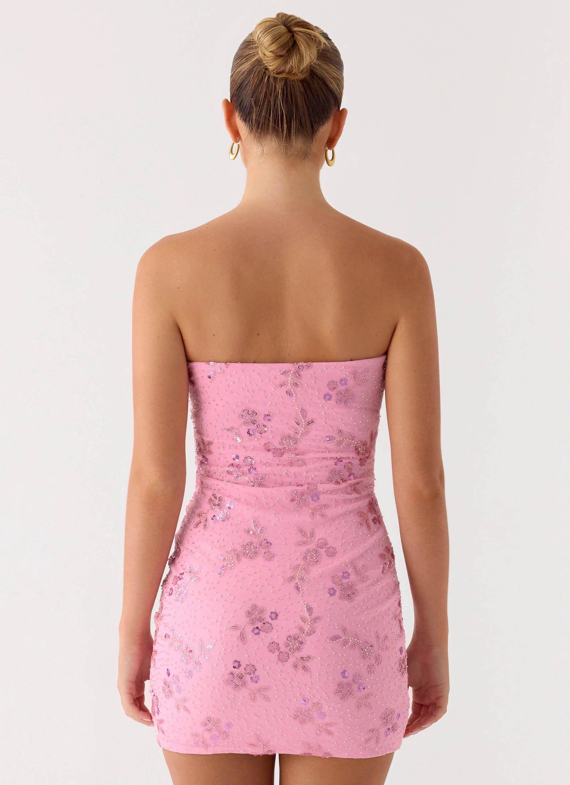 Push Back Beaded Sequin Mini Dress - Pink