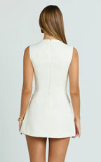 Halsey Mini Dress - Sleeveless Deep U Neck Faux Wrap Tulip Dress in Cream