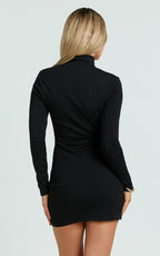 Carla Mini Dress - Rolled High Neck Bodycon Dress in Black
