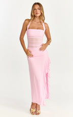 Almarie Midi Dress - Halter Neck Mesh Dress in Pink