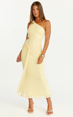 Mandy Midi Dress - Knot Detail Cut Out Mesh Dress in Lemon