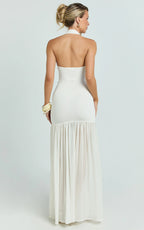 Barbara Maxi Dress - Halter Scoop Neck Contrast Georgette Dress in Ivory