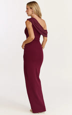 Helen Maxi Dress - One Shoulder Draped Fitted Dress in Wine