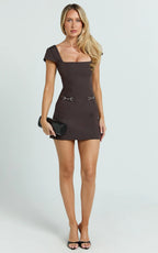 Desi Mini Dress - Square Neck Cap Sleeve Buckle Dress in Chocolate