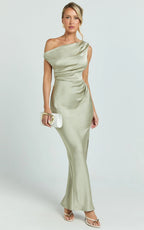 Laurie Maxi Dress - One Shoulder Tie Detail Dress in Light Olive