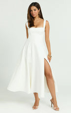 Bernie Midi Dress - Square Neck Strapped Full Circle Skirt Dress in White