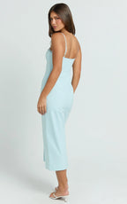 Anessa Midi Dress - Button Front Bustier Fitted Dress in Blue