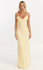 Kyra Maxi Dress - Lace Bust And Tie Back Satin Dress in Lemon