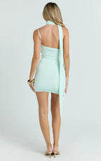 Nerissa Mini Dress - Asymmetric Scarf Neck Trim Detail Fitted Dress in Mint