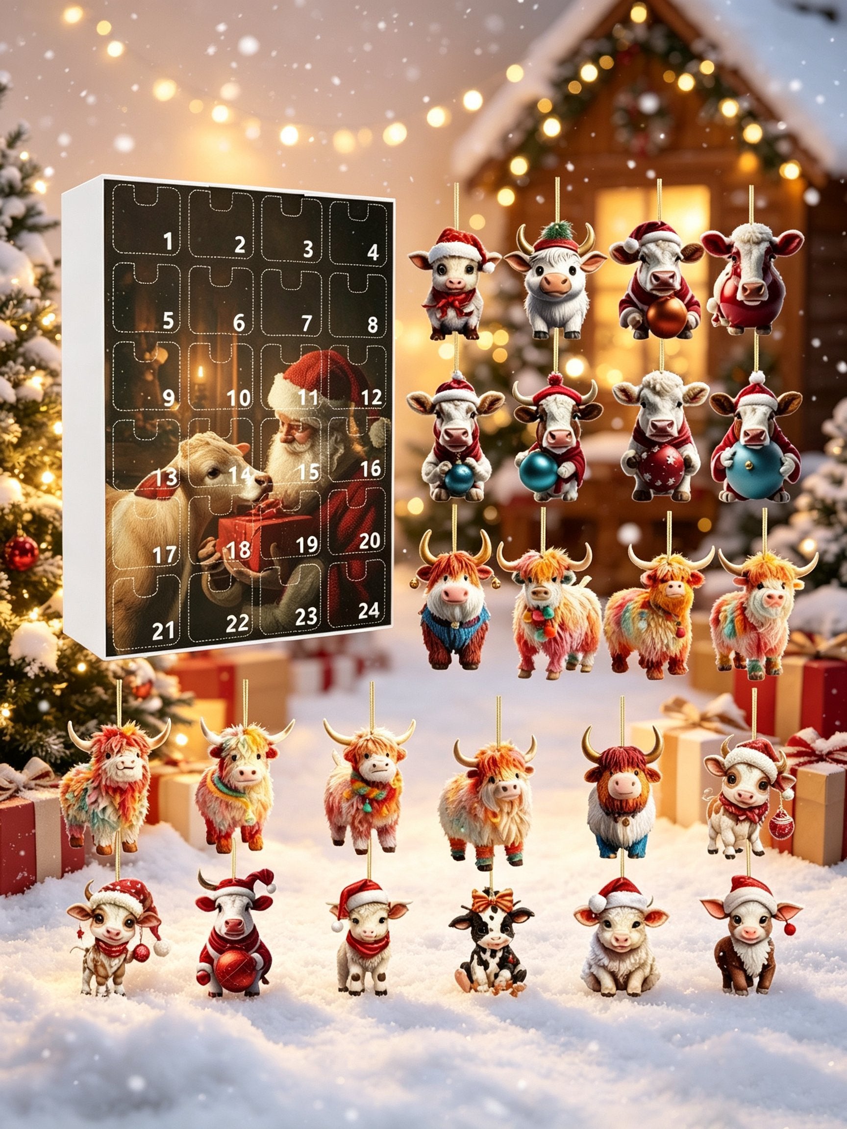 2026 Highland Cow Christmas Ornament Advent Calendar Blind Box (24-Piece Set)(2D Acrylic Flat)